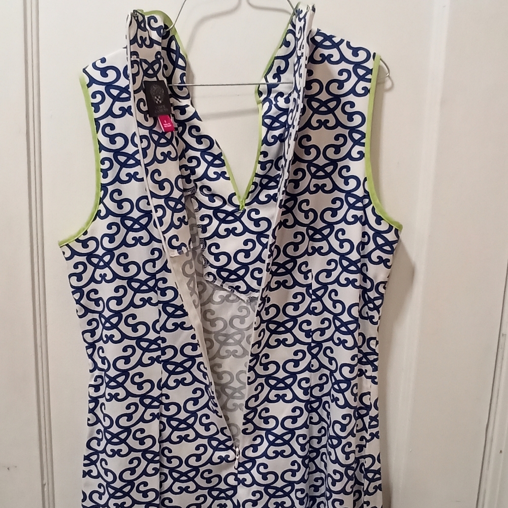 Vince Camuto Navy Blue White Print Sleeveless Cotton Dress Size 6 - Picture 8 of 16